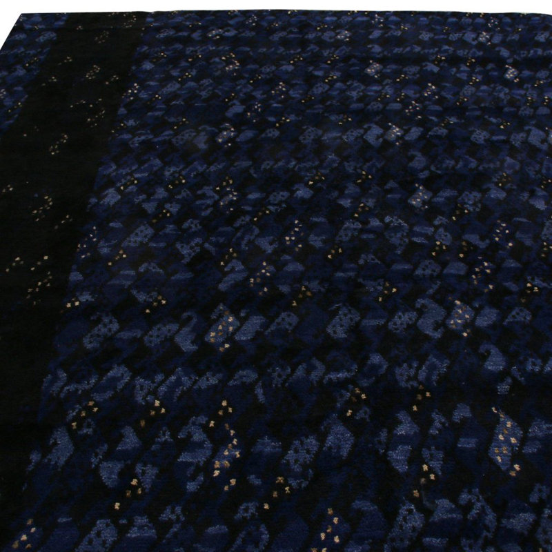Rug & Kilim’S Scandinavian-Inspired Geometric Black And Blue Wool Pile Rug, Rectangle 8' x 10'