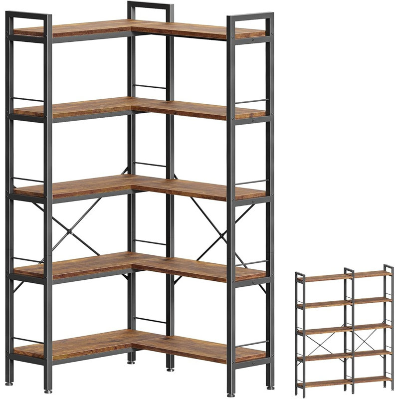 Bibliothèque à 5 niveaux en L - bibliothèque à 10 tablettes de large avec structure en métal, pieds réglables, brun rustique