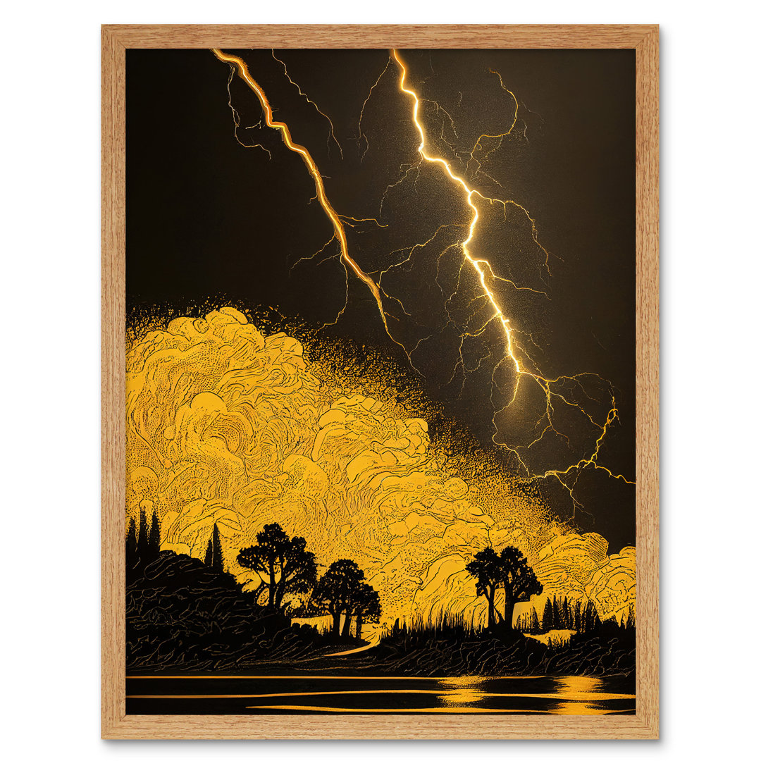 Thunder Storm Lightning Lakeside Tree Silhouette - Print