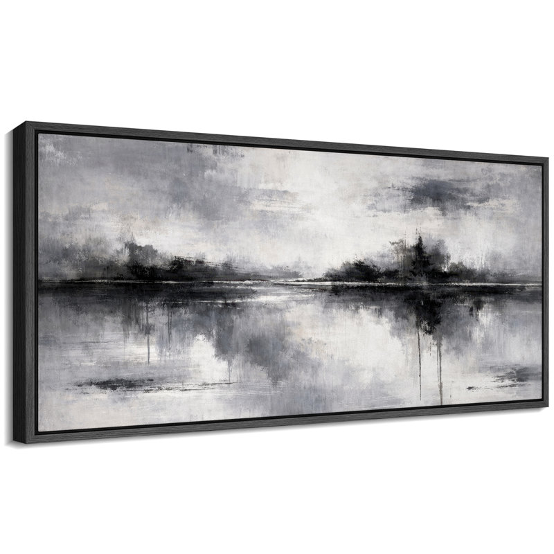 Abstrait noir gris Misty Reflection, œuvre d'art de chambre contemporaine, impression sur toile encadrée, Cadre noir