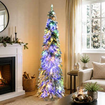 Arbre de Noël HOMcom 6 pi avec branches enneigées, 250 lumières blanc chaud et colorées, forme Downswept