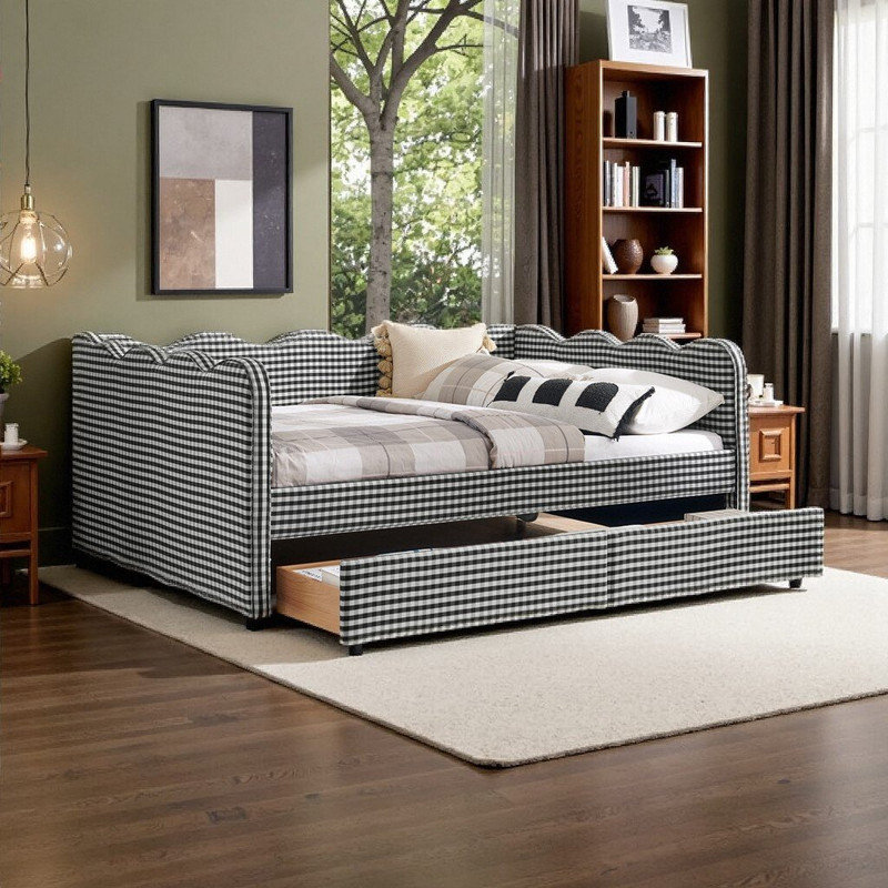 Quies Full\Queen Size Daybed With Storage Drawers, USB Port, Wave Design Linen Fabric Bed, Full, Black