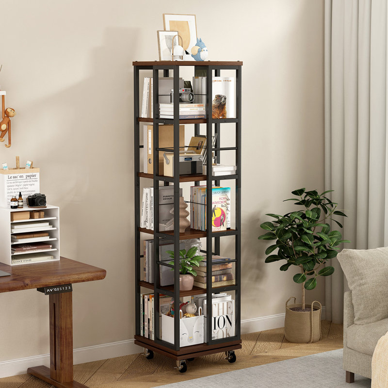 5 Tiers Rotating Bookshelf With Metal Frame And Wheels