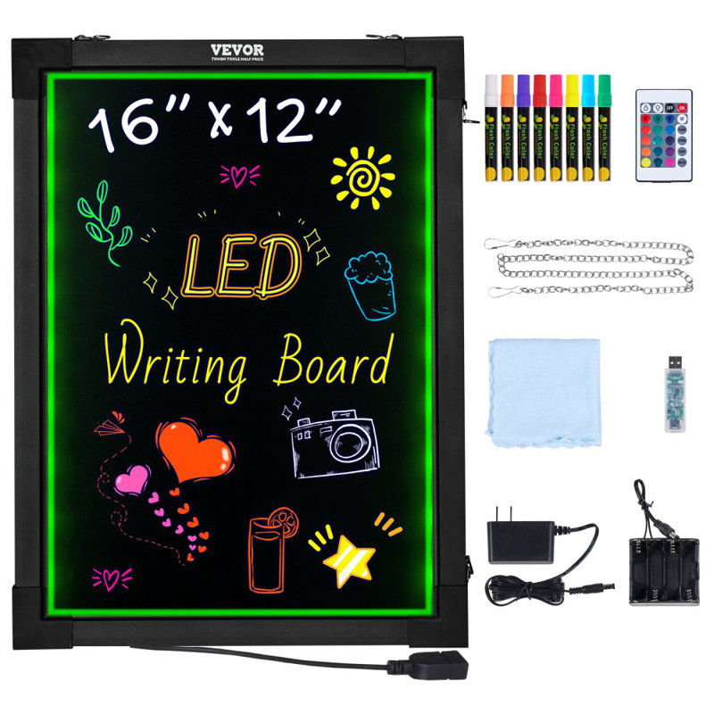 LED Message Writing Board, 16"x12" Illuminated Erasable Lighted Chalkboard, Neon Effect Menu Sign Board