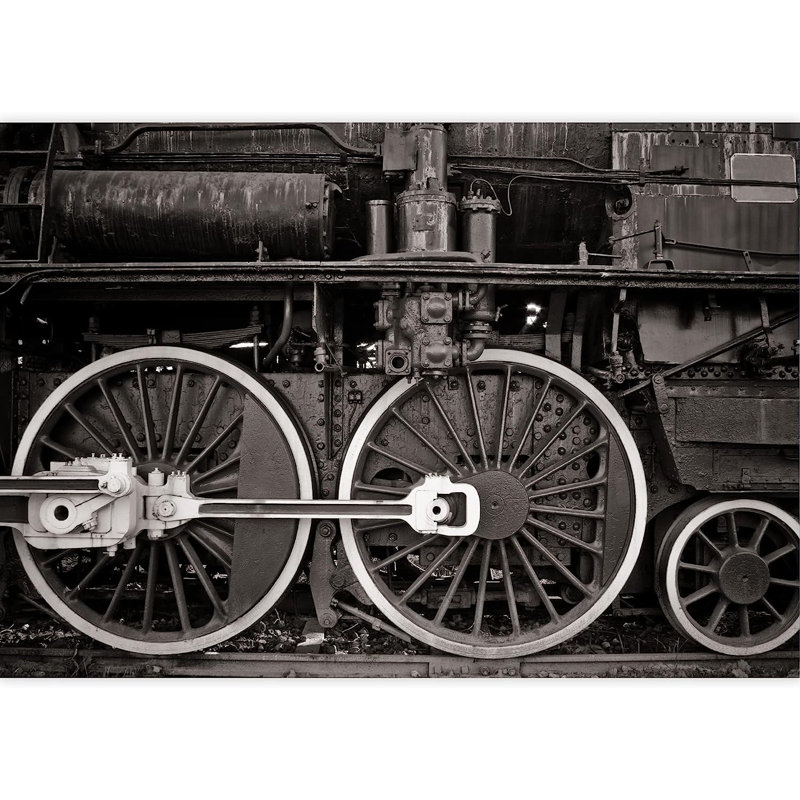 Détail d'une vieille roue de locomotive avec peinture murale en noir et blanc à peindre, L 66 po x l 96 po