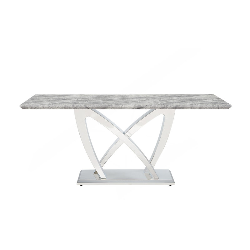 Table de salle à manger en marbre pour 6 personnes, table de salle à manger rectangulaire en faux marbre 70 po avec base en acier inoxydable à finition miroir, table de cuisine moderne en marbre de grande taille (argent, gris) (table unique)