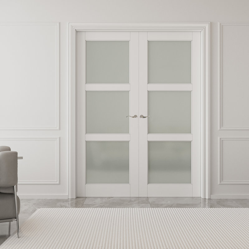 Porte intérieure double en verre massif givré 3-Lite, 56 po x 96 po, Quincaillerie noire