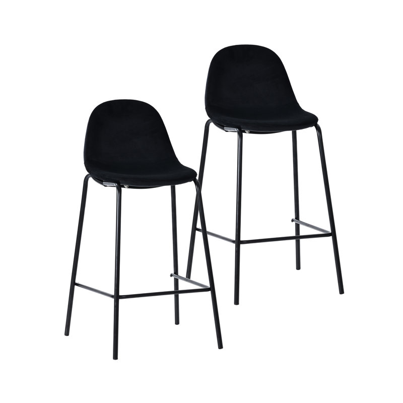 Lazio Velvet Bar Stool with Iron Legs, Black, Bar Stool (29.13” Seat Height)