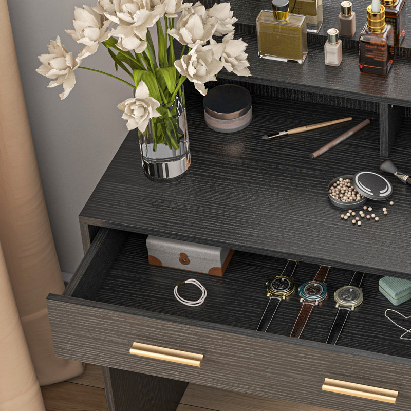 Ensemble de coiffeuse, table de maquillage avec tabouret, miroir à DEL et rangement, Noir