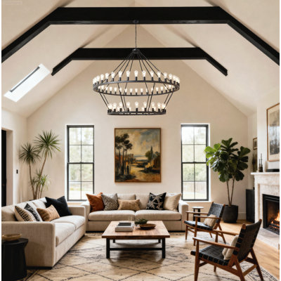 Luminaire suspendu de style campagnard rond à deux niveaux avec 54 lumières et design grand ouvert noir mat