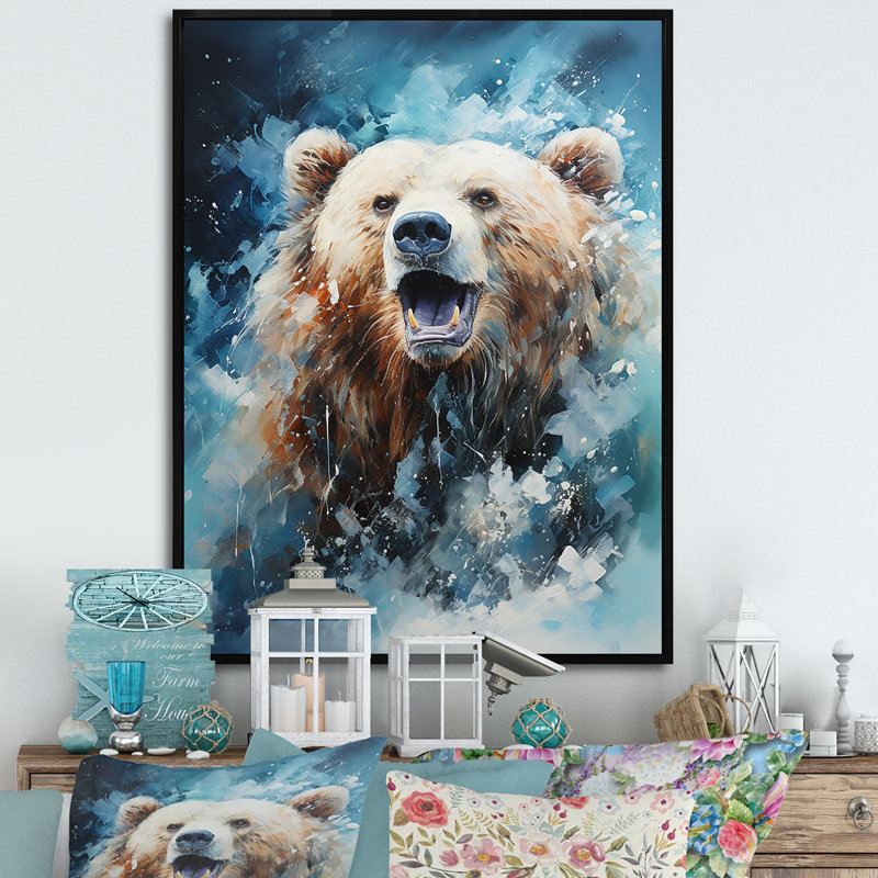 Ours abstrait en mouvement sur toile, H 40 po x l 30 po x P 1,5 po, Cadre flottant noir