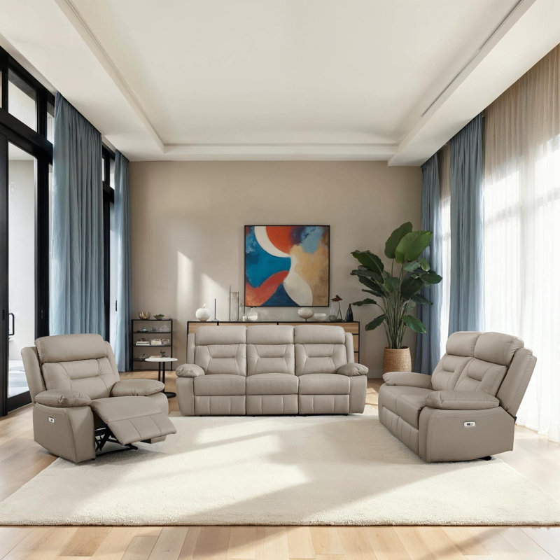 Huskins Modern & Contemporary Power Reclining 3-Piece Living Room Set with Premium Leather Upholstery, One-touch Power Control & Durable Metal Reinforced Frame