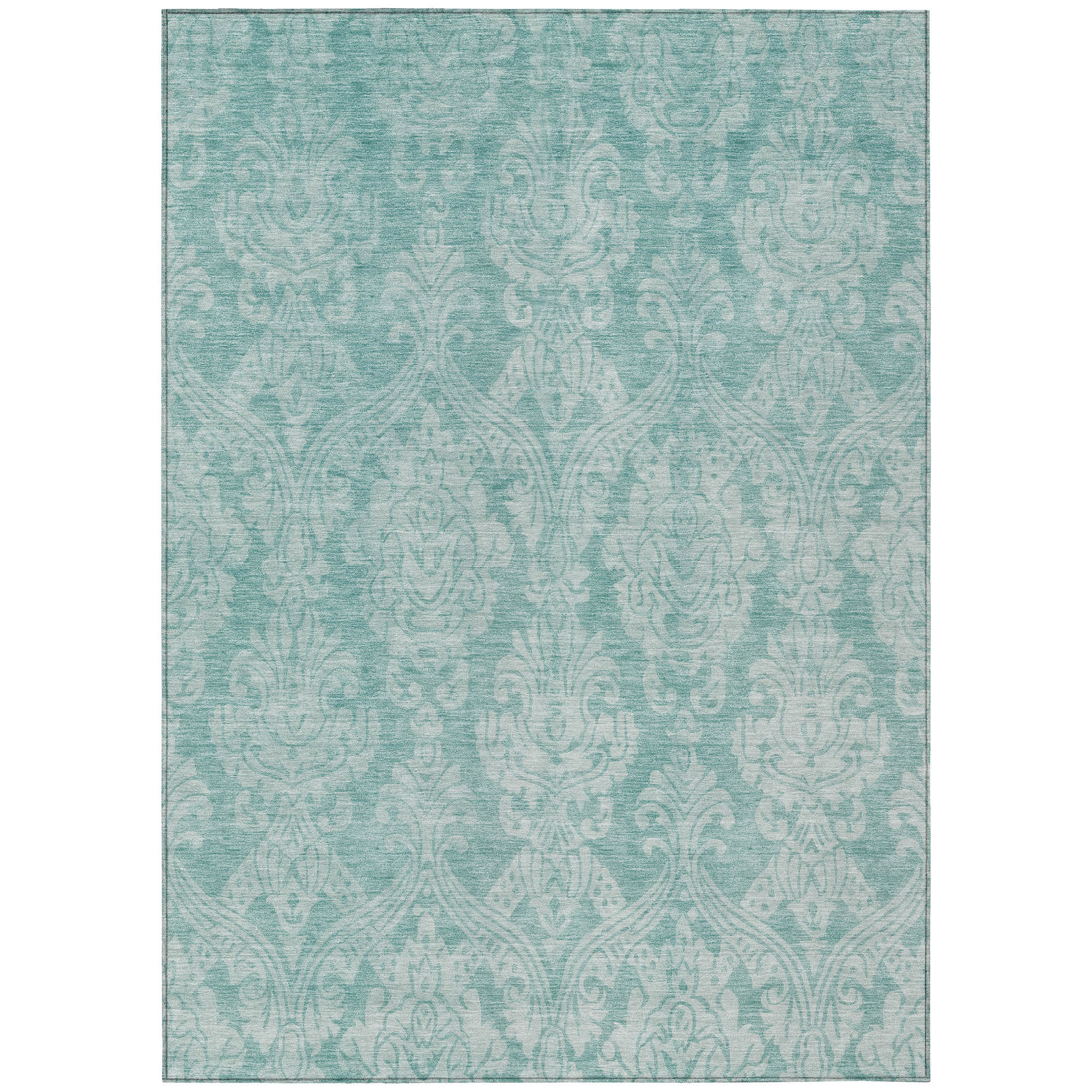 Orren Ellis 9' X 12' Aqua And Ivory Damask Washable Indoor Outdoor Area ...