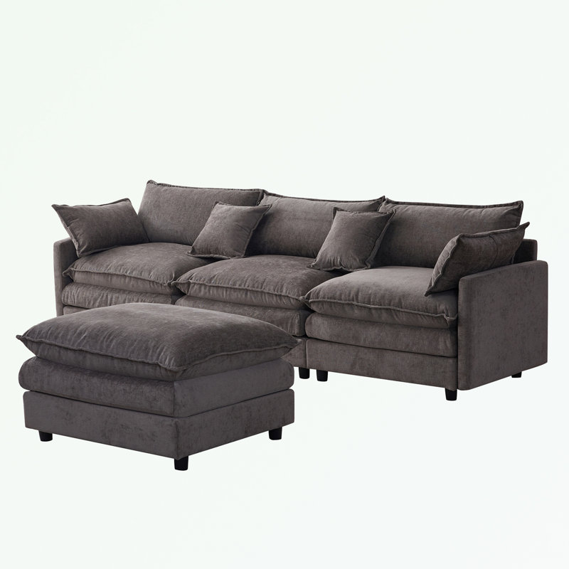 L Shape Chenille Fabric Sectional Sofa with Ottoman, Gray Chenille