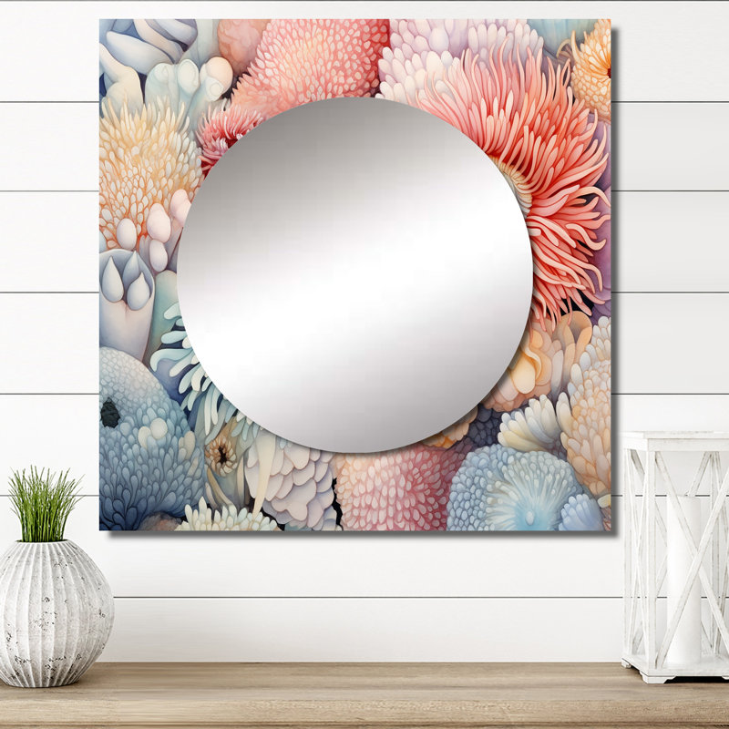 Casundra - anémone de mer pastel élégant bord de mer corail sous l'eau miroir carré pour décoration murale, 23 po x 23 po