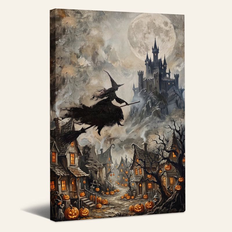 «Flying Witch Over Spooky Village with Pumpkins», art mural sur toile, H 18 po x l 12 po