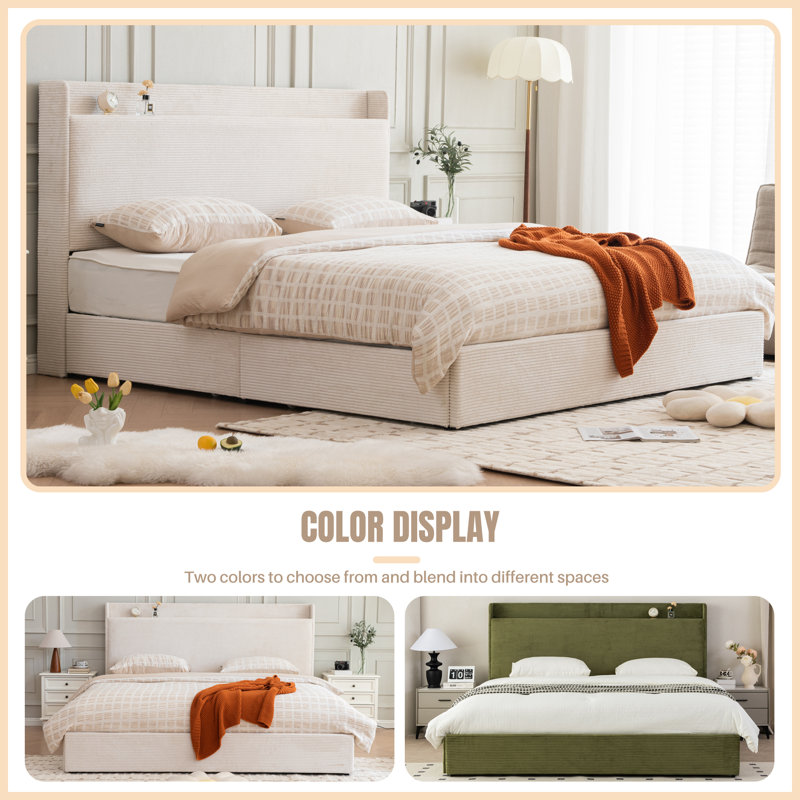 Sittard Upholstered Storage Platform Bed, Cream, King