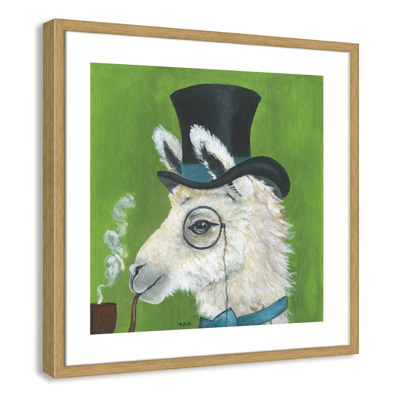 Lama et tuyau, art encadré, H 23,5 po x l 23,5 po x P 1,18 po, Cadre en chêne
