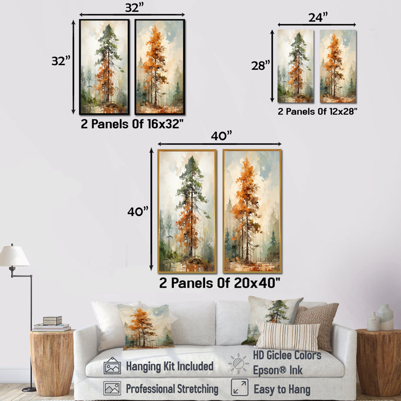 «Earthy Brown Forest of Redwood Trees», ensemble de 2 décorations murales arbre séquoia, Toile tendue, H 28 po x l 25 po