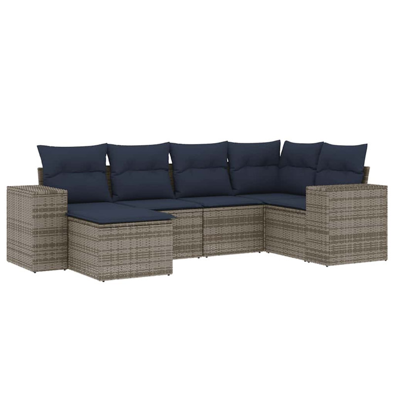 7 Piece Patio Sofa Set With Cushions Brown Poly Rattan, Navy Blue Cushion/Gray Frame, No