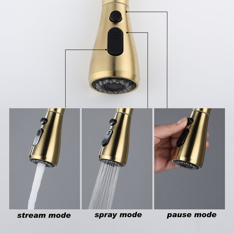 Single Lever Kitchen Sink Faucet In Brushed Gold With Pull Down , Fitting Various Types, 360 Rotating High - Arc Nozzle, Dirt Surface, Aerators For Splash And Smooth Running Water Handle Stainless