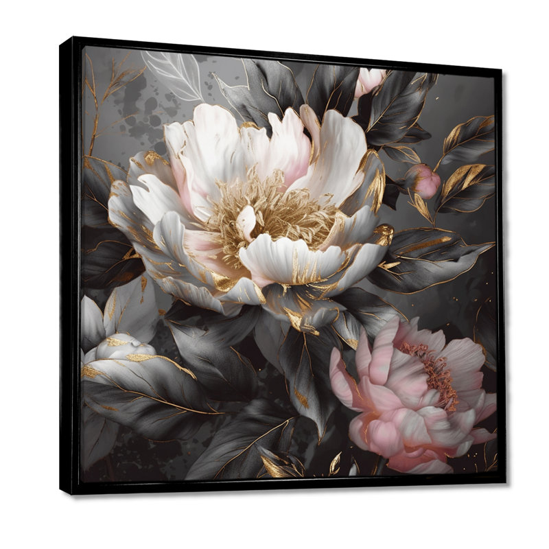 Pivoines roses et grises en fleurs II - impressions de pivoines, 44" H x 44" W, Cadre flottant noir