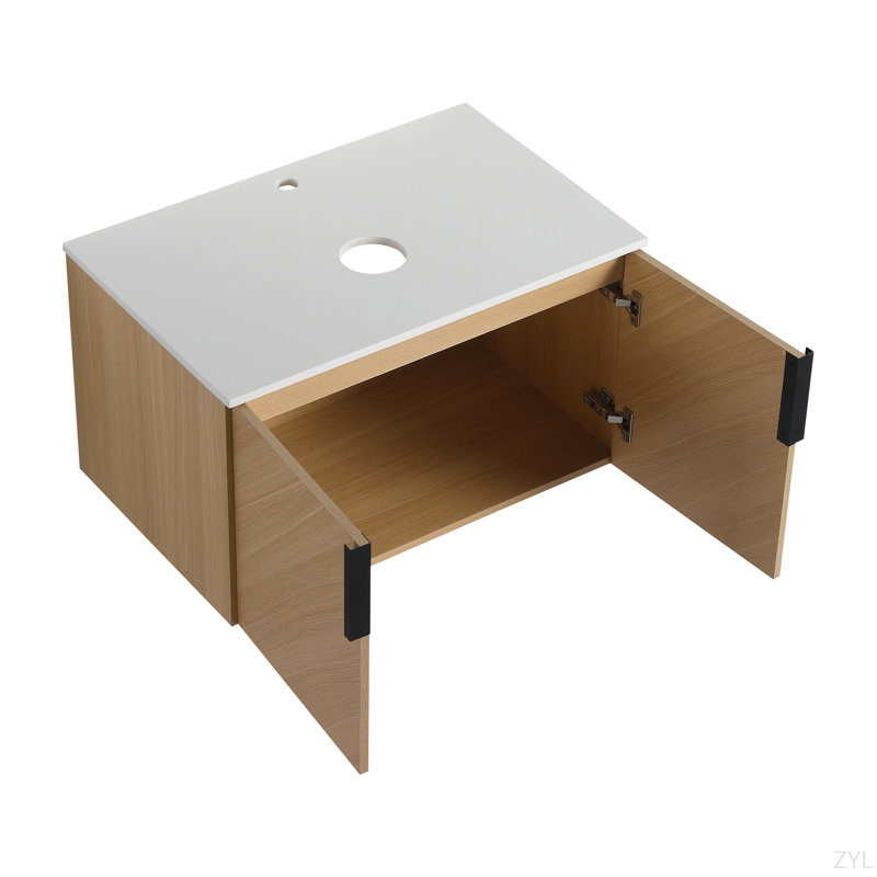 Meuble-lavabo de salle de bain avec dalle de pierre artificielle supérieure, 2 portes à fermeture douce, fixation murale, emballage KD (meuble-lavabo seulement, sans lavabo)