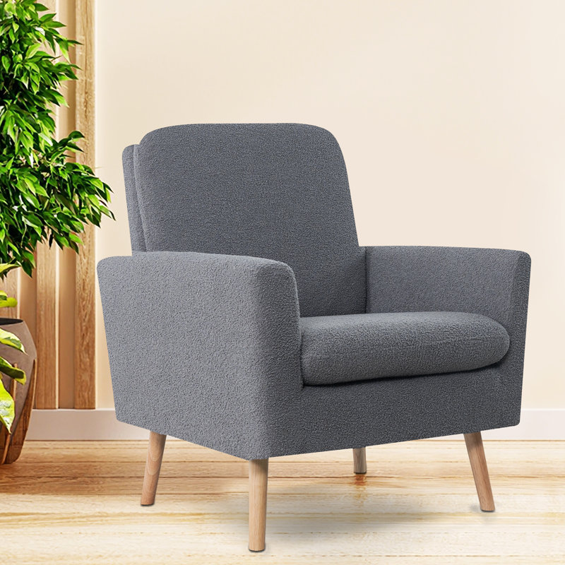 Mid-century Modern Soft Teddy Fleece Accent Chairs for Living Room, Bedroom, oak legs armchair, Gray Teddy Fleece Fabric