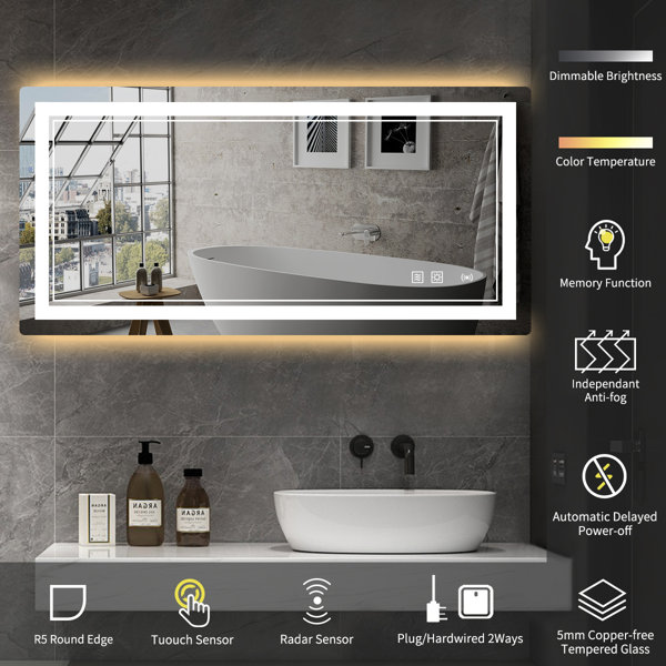 Martrez Frameless LED Lighted Bathroom / Vanity Mirror with Brightness Adjustable, Memory Function, Anti-Fog Orren Ellis Size: 60 x 40