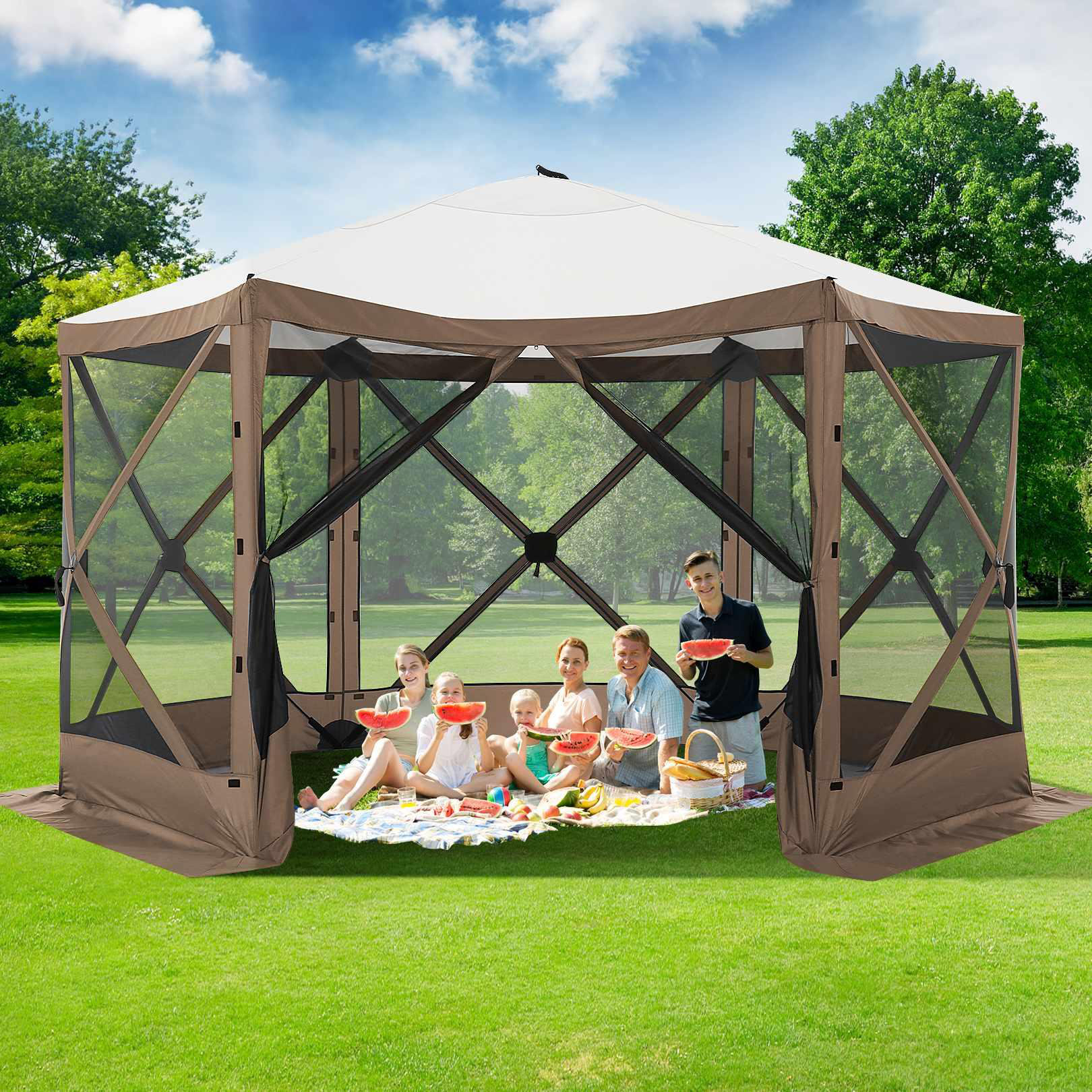 DreamDwell Home 12Ft x12Ft Pop Up Steel Patio Gazebo with Mosquito Netting Sidewalls Insect