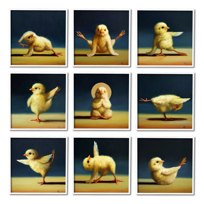 Yoga Chicks Funny Farm Animals Tranquil Stretching Birds 9pc White Framed Giclee Texturized Art Set by Lucia Heffernan