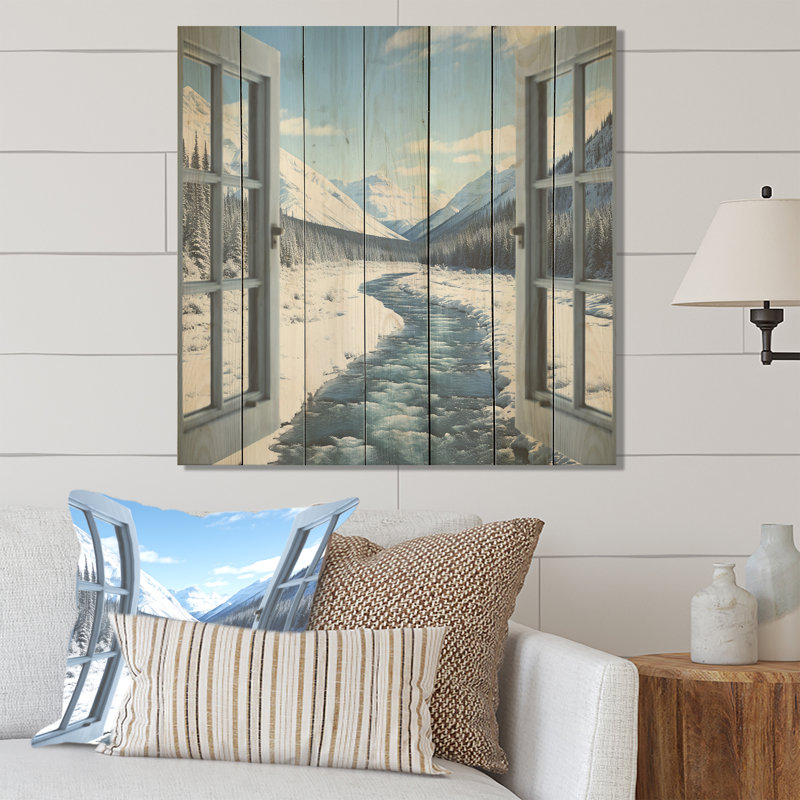 Vue de fenêtre de montagne en hiver - Paysage d'hiver sur bois, H 25 po x l 25 po