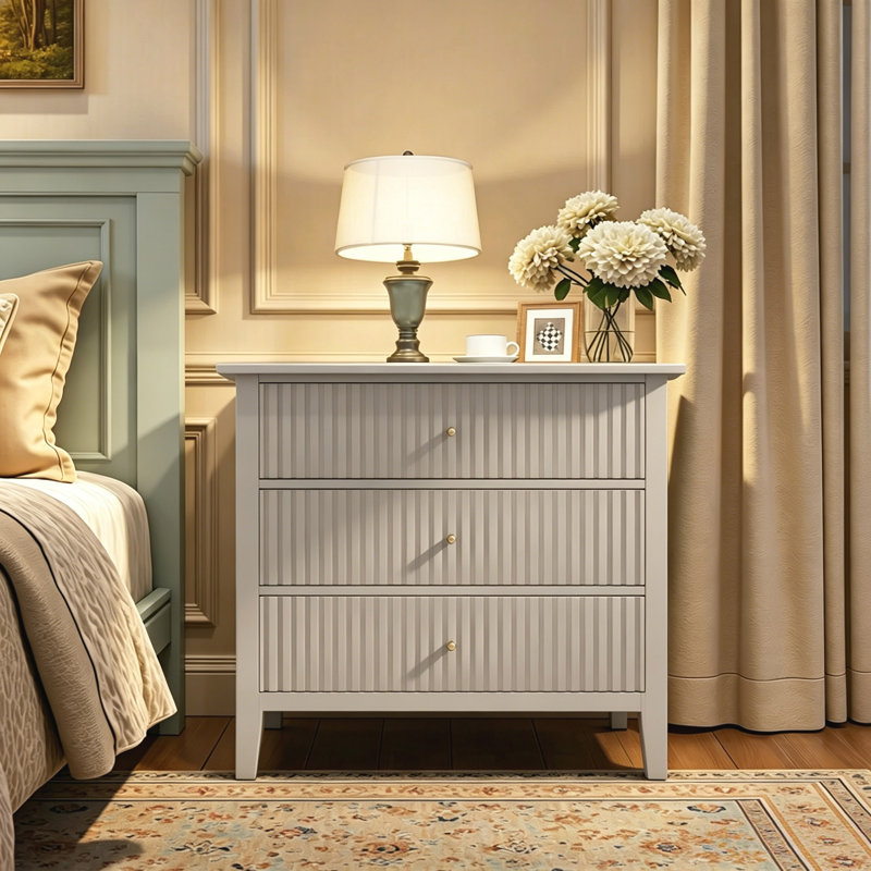 Table de chevet traditionnelle à 3 tiroirs, table d'appoint pour chambre à coucher, Beige