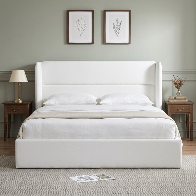 Lit plateforme tapissier avec rangement Gaillarde, Très grand, Crème