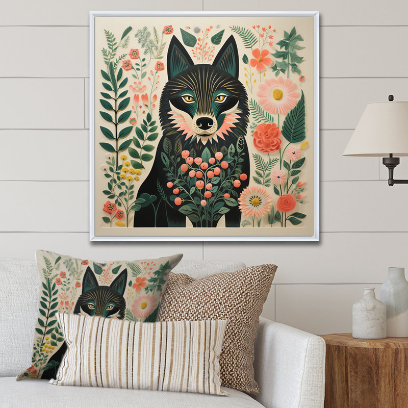Rose et vert Boho Portrait I - loup, art mural, Cadre flottant blanc, H 36 po x l 36 po x P 1,5 po