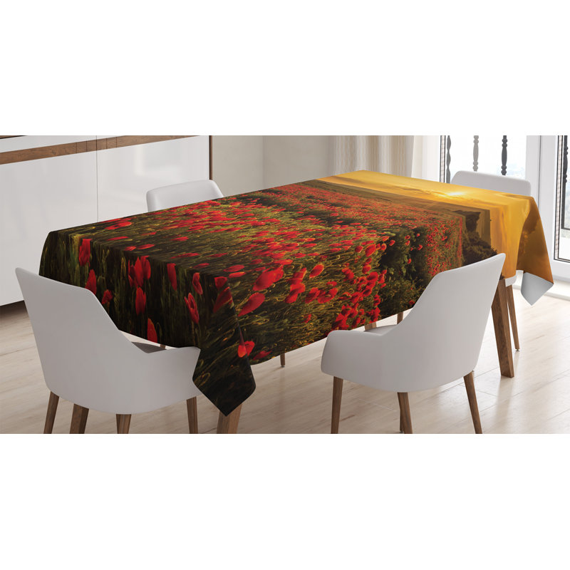 Ambesonne Flower Tablecloth, Poppy Field At Sunset Sun Beams Meadow Cloudscape Wildflower Scene, Rectangular Table Cover For Dining Room Kitchen Decor, 52" X 70", Marigold Scarlet