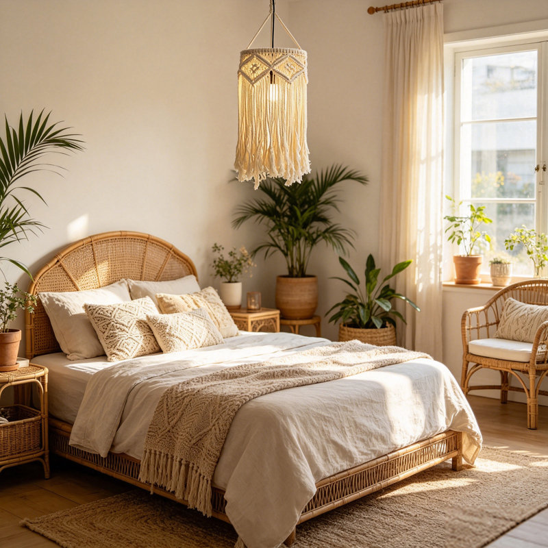 Luminaire suspendu bohémien en macramé de coton tissé à la main avec pampilles à franges, pour le salon de la chambre à coucher