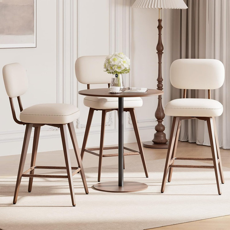 Ensemble de 3 tabourets de bar de hauteur comptoir Mid-Century - sièges pivotants en cuir avec dossier bas et pieds en métal, design moderne