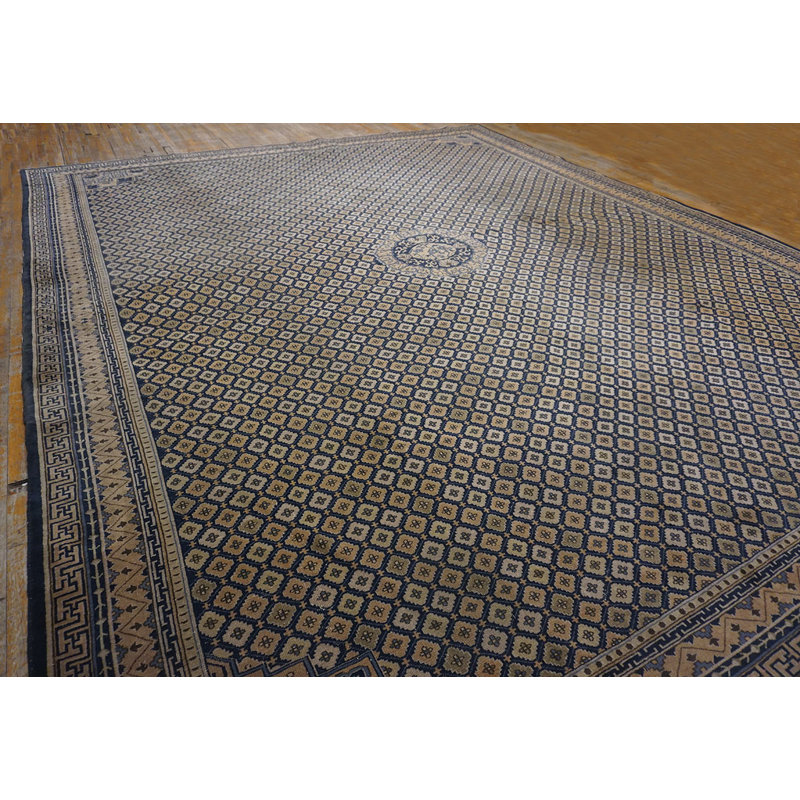 Tapis bleu antique rectangulaire en laine noué à la main à motif géométrique années 1920