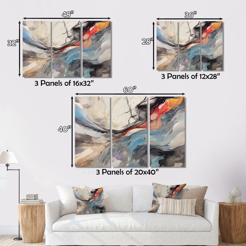 «Subtle Serenity Colorful Gray Watercolor Waves V» sur toile, reproduction de 3 pièces, H 28 po x l 36 po x P 1 po