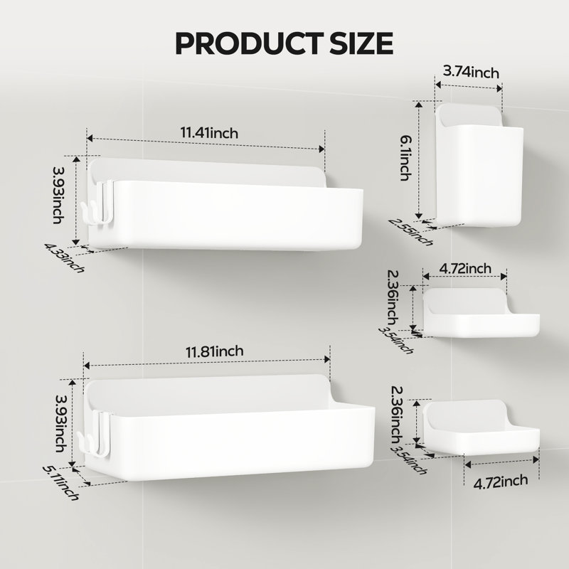  Nieifi 5-Piece No-Drill Wall-Mounted Plastic Storage Rack with Hooks Soap Holder, Toothpaste, Toothbrush, Shampoo Organizer Bathroom Accessories Shelf Kitchen Cabinet Storage White