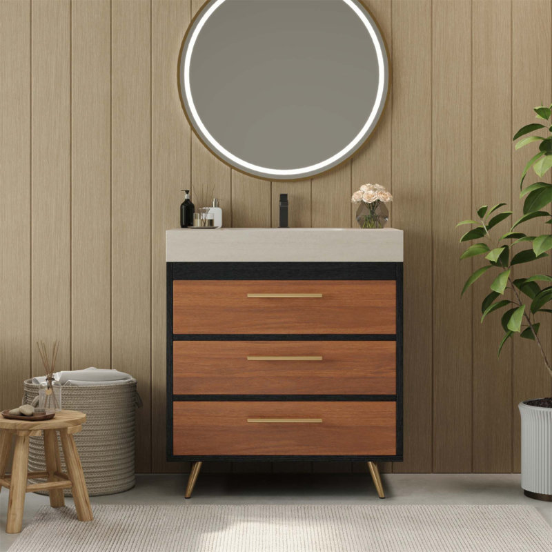 Meuble-lavabo autoportant moderne avec lavabo vasque en céramique et plateau en pierre frittée durable, Noyer / noir