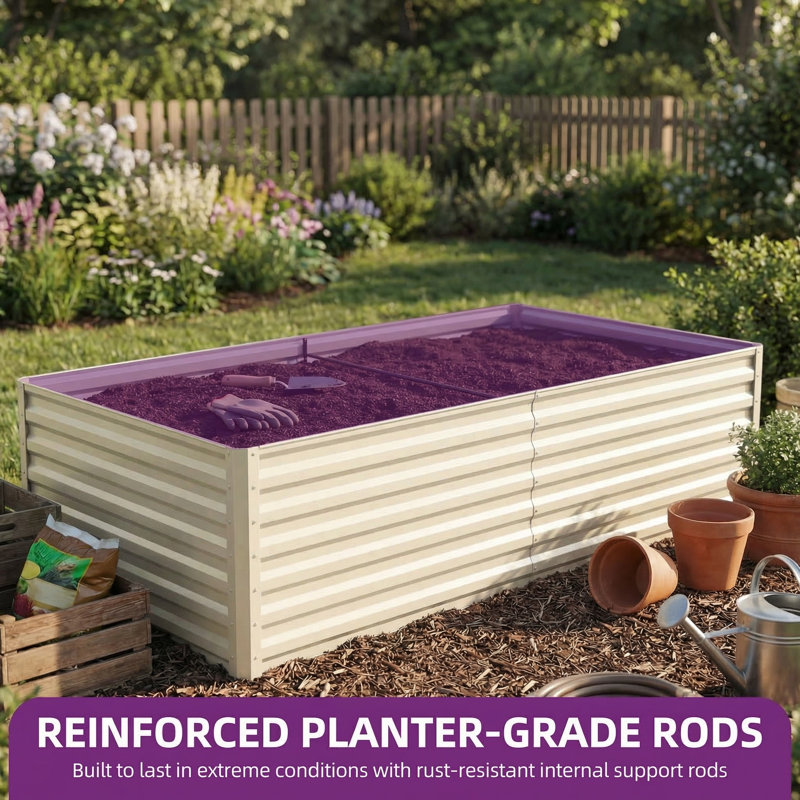 Galvanized Raised Garden Bed With Gloves, 24" H x 72" W x 36" D, Cream
