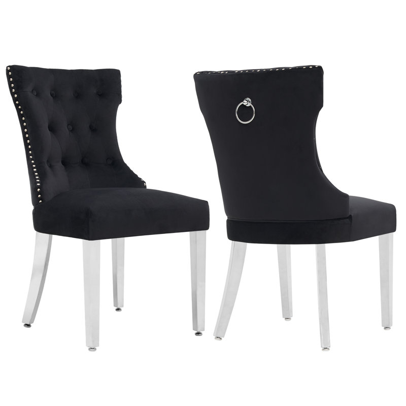 Velvet Nailhead Trim Upholstered Tufted Wingback Dining Chairs (Set Of 2), Black