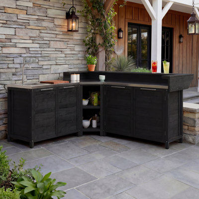 Outdoor Cedar Wood Modular Kitchen Island Set Of 4 With Stainless Steel Countertop & Sink, Weather-Resistant Backyard Kitchen System