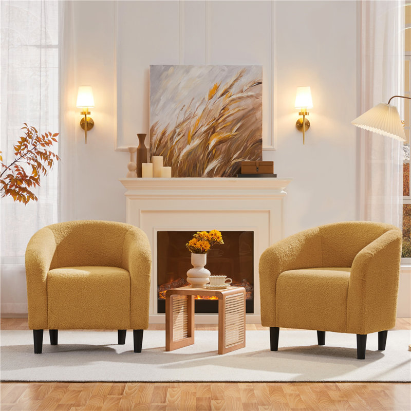 27”Wide Upholstered Solid Wood Barrel Accent Club Chair, Mustard Yellow Polyester Blend