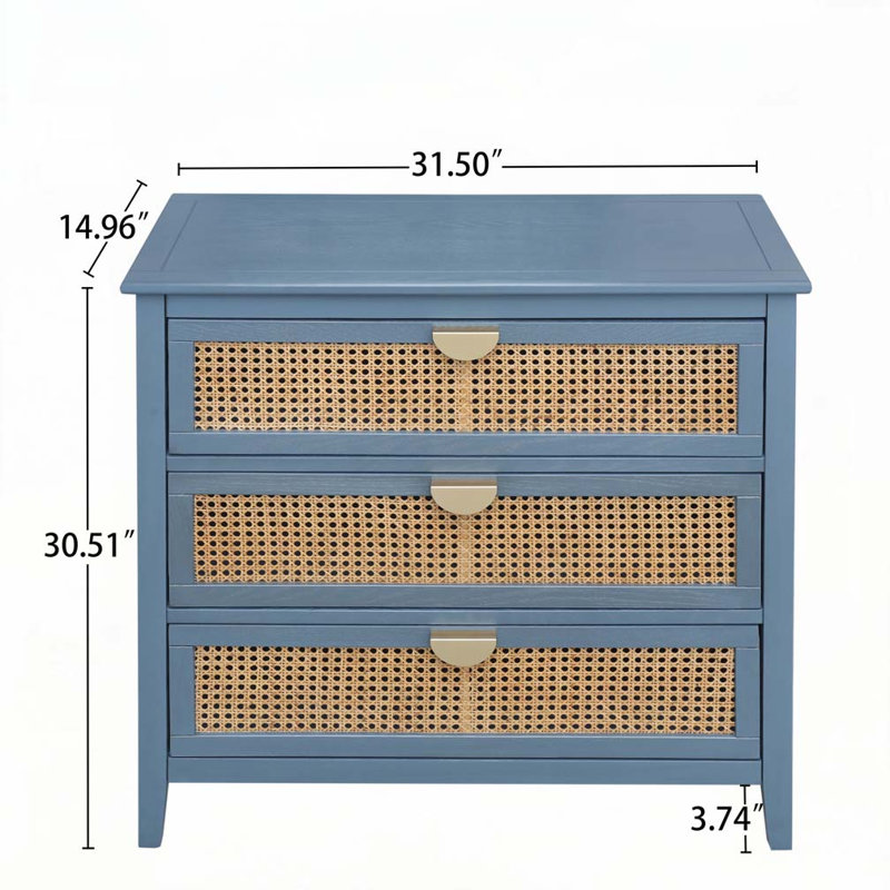 Commode 3 tiroirs Rattan, Bleu