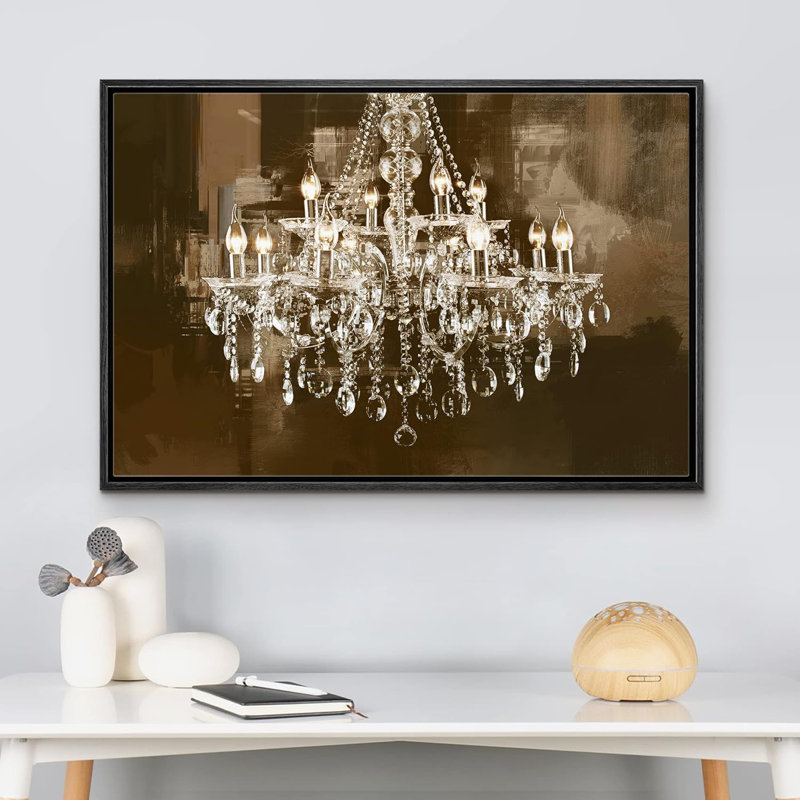 Lustre en cristal Glam Brown sur fond foncé, lumières décoratives, art moderne sur toile, Cadre flottant noir