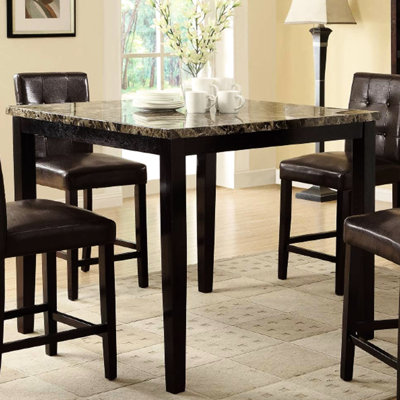 Counter Height Dining Ensemble: Faux Marble Table Top & 4 Brown Cushioned Chairs Modern Assembly: Birch With