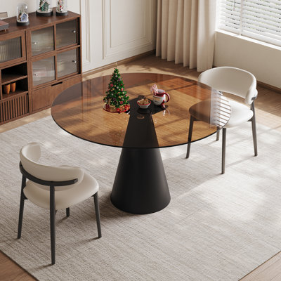 Table de salle à manger ronde de 35 pouces en verre, avec plateau en verre trempé et pieds en acier au carbone. Convient pour 2 à 4 personnes. Petite table ronde brun foncé, idéale pour les restaurants et les appartements. (2 chaises)